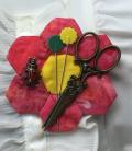 Handcrafted flower pin with magnetic pin holder, miniature scissors and a Ladybug